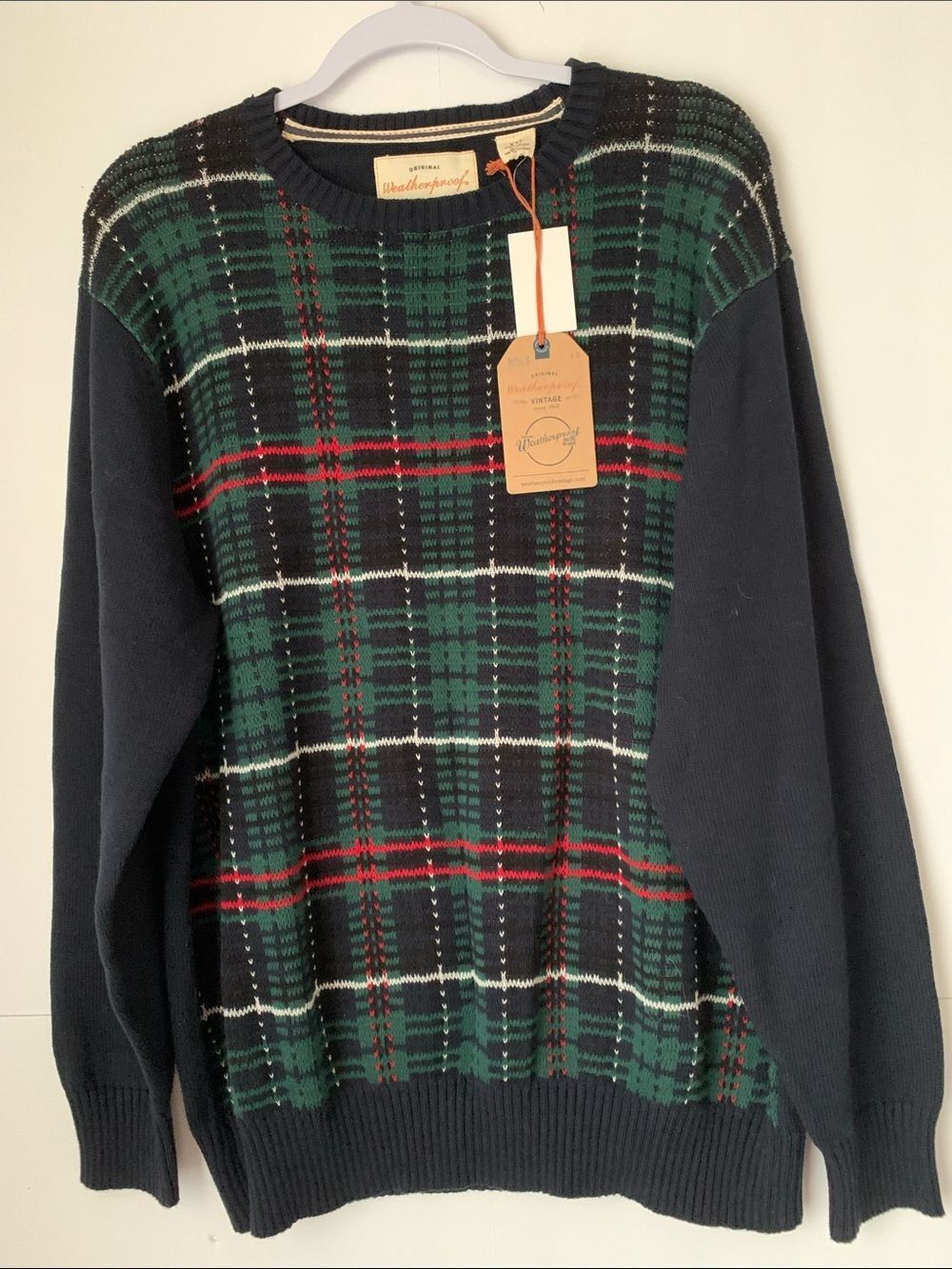 NWT Weatherproof Men's Green Plaid Crewneck Sweater with Black Sleeves Size XXL